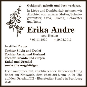 Traueranzeige von Erika Andre von Super Sonntag Bernburg