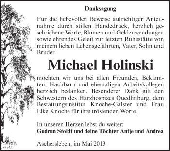 Traueranzeige von Michael Holinski von Super Sonntag Aschersleben