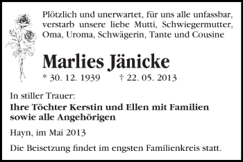 Traueranzeige von Marlies Jänicke von WVG - Wochenspiegel Quedlinburg
