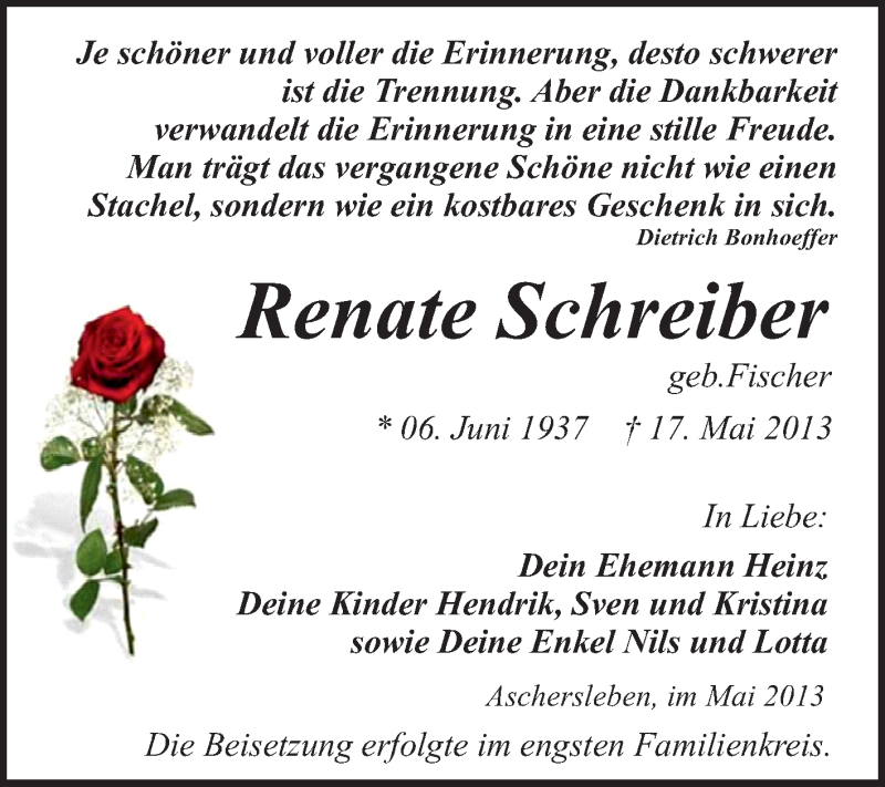  Traueranzeige für Renate Schreiber vom 26.05.2013 aus WVG - Wochenspiegel Quedlinburg