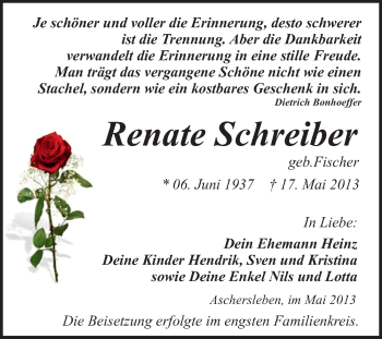Traueranzeige von Renate Schreiber von WVG - Wochenspiegel Quedlinburg