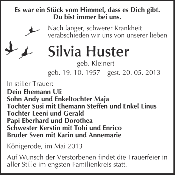 Traueranzeige von Silvia Huster von Super Sonntag Quedlinburg