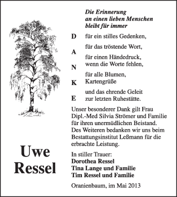 Traueranzeige von Uwe Ressel von WVG - Wochenspiegel Wittenberg