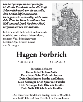 Traueranzeige von Hagen Forbrich von Super Sonntag Dessau / Köthen