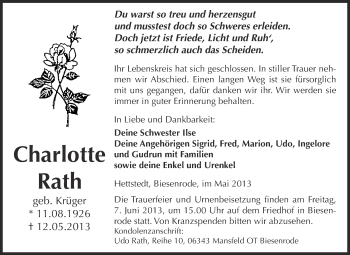 Traueranzeige von Charlotte Rath von Wochenspiegel Mansfelder Land