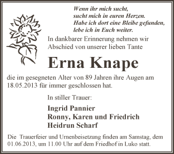 Traueranzeige von Erna Knape von WVG - Wochenspiegel Dessau / Köthen