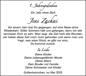 Traueranzeige von Jens Zachai von WVG - Wochenspiegel Wittenberg