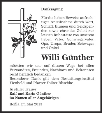 Traueranzeige von Willi Günther von Super Sonntag SGH Mansf. Land