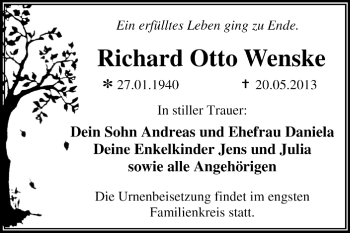 Traueranzeige von Richard Otto wenske von Super Sonntag Dessau / Köthen