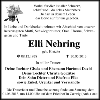 Traueranzeige von Elli Nehring von Super Sonntag Dessau / Köthen