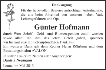 Traueranzeige von Günter Hofmann von WVG - Wochenspiegel Merseburg
