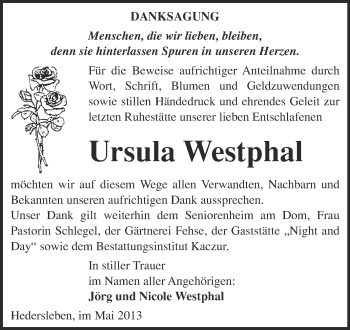Traueranzeige von Ursula Westphal von WVG - Wochenspiegel Quedlinburg