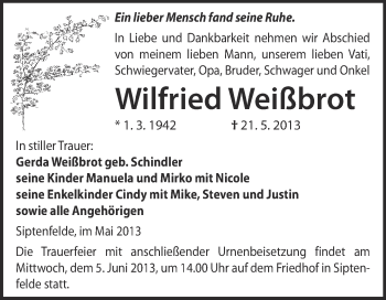 Traueranzeige von Wilfried Weißbrot von WVG - Wochenspiegel Quedlinburg