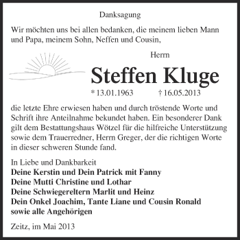 Traueranzeige von Steffen Kluge von WVG - Wochenspiegel NMB / WSF / ZTZ