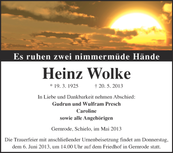 Traueranzeige von Heinz Wolke von WVG - Wochenspiegel Quedlinburg