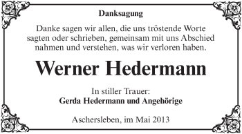 Traueranzeige von Werner Hedermann von Super Sonntag Aschersleben