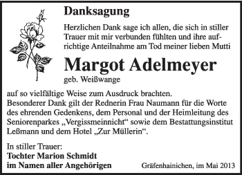 Traueranzeige von Margot Adelmeyer von WVG - Wochenspiegel Wittenberg