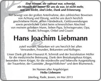 Traueranzeige von Hans Joachim Liebmann von WVG - Wochenspiegel Wittenberg