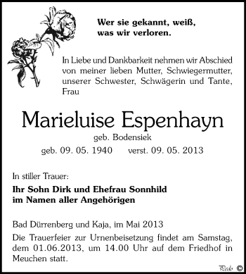 Traueranzeige von Marieluise Espenhayn von WVG - Wochenspiegel NMB / WSF / ZTZ