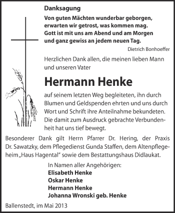 Traueranzeige von Hermann Henke von WVG - Wochenspiegel Quedlinburg