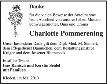 Traueranzeige von Charlotte Pommerening von WVG - Wochenspiegel Wittenberg