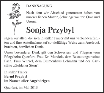Traueranzeige von Sonja Przybyl von WVG - Wochenspiegel Merseburg