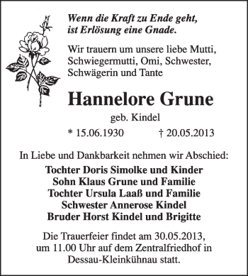 Traueranzeige von Hannelore Grune von Super Sonntag Dessau / Köthen
