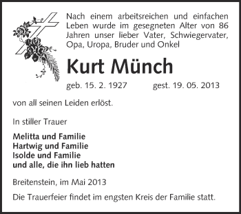 Traueranzeige von Kurt Münch von Super Sonntag Quedlinburg