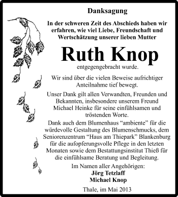 Traueranzeige von Ruth Knop von Super Sonntag Quedlinburg