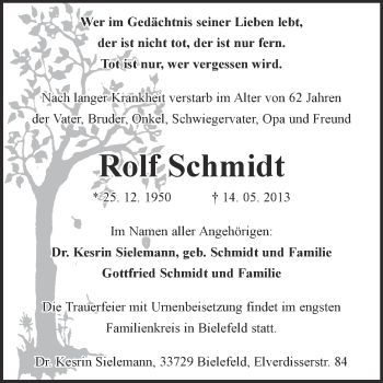 Traueranzeige von Rolf Schmidt von Super Sonntag Quedlinburg