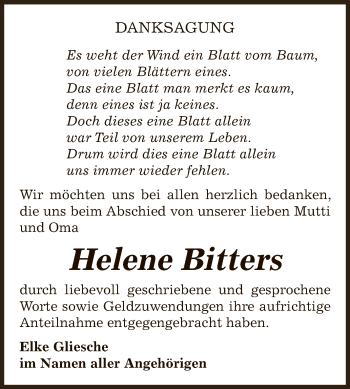 Traueranzeige von Helene Bitters von Super Sonntag Zeitz