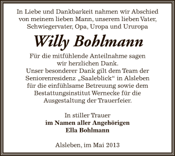 Traueranzeige von Willy Bohlmann von Super Sonntag SGH Mansf. Land