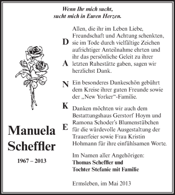Traueranzeige von Manuela Scheffler von Super Sonntag Aschersleben