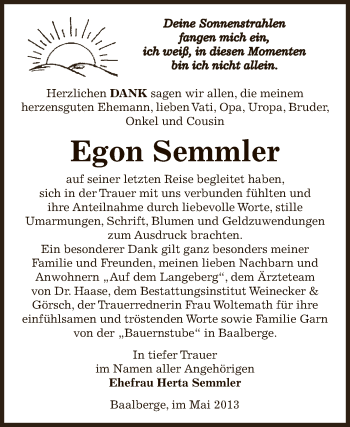 Traueranzeige von Egon Semmler von Super Sonntag Bernburg