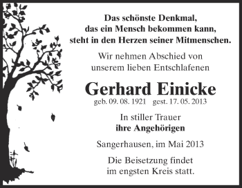 Traueranzeige von Gerhard Einicke von WVG - Wochenspiegel SGH