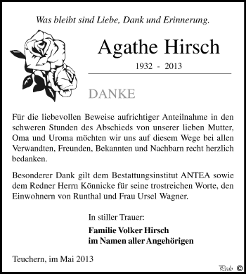 Traueranzeige von Agathe Hirsch von WVG - Wochenspiegel NMB / WSF / ZTZ