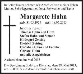 Traueranzeige von Margarete Hahn von Super Sonntag Aschersleben