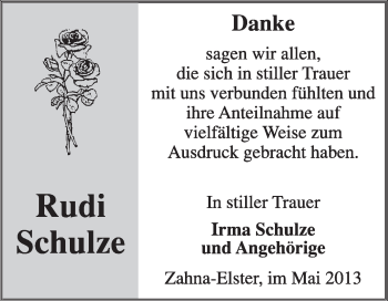 Traueranzeige von Rudi Schulze von Super Sonntag Wittenberg