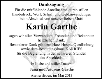 Traueranzeige von Karin Garthe von WVG - Wochenspiegel Quedlinburg