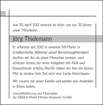 Traueranzeige von Jörg Thielemann von WVG - Wochenspiegel NMB / WSF / ZTZ