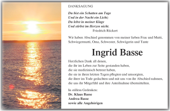 Traueranzeige von Ingrid Basse von WVG - Wochenspiegel Quedlinburg