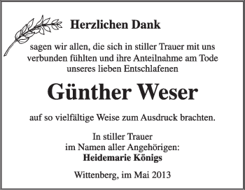 Traueranzeige von Günther Weser von Super Sonntag Wittenberg