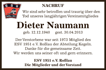 Traueranzeige von Dieter Naumann von WVG - Wochenspiegel Dessau / Köthen