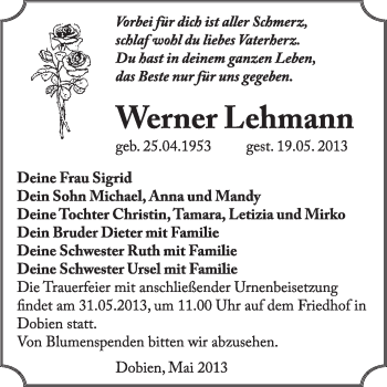 Traueranzeige von Werner Lehmann von Super Sonntag Wittenberg