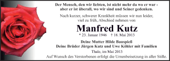 Traueranzeige von Manfred Kutz von WVG - Wochenspiegel Quedlinburg