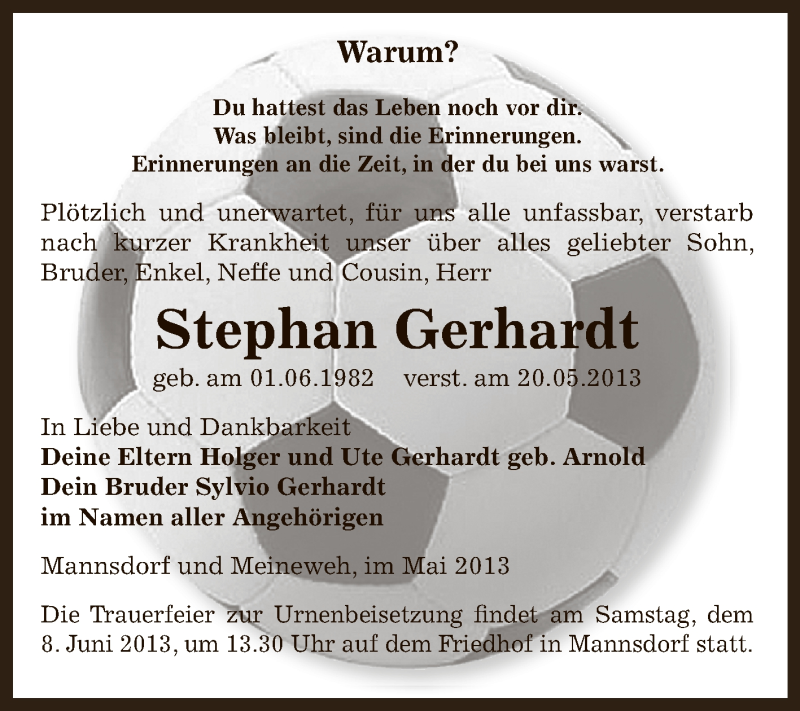  Traueranzeige für Stephan Gerhardt vom 26.05.2013 aus Super Sonntag Zeitz