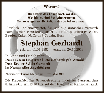 Traueranzeige von Stephan Gerhardt von Super Sonntag Zeitz