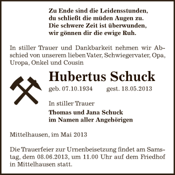 Traueranzeige von Hubertus Schuck von WVG - Wochenspiegel SGH
