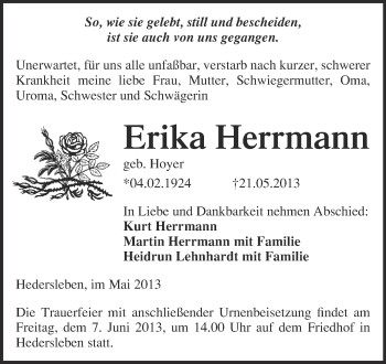 Traueranzeige von Erika Herrmann von WVG - Wochenspiegel Quedlinburg