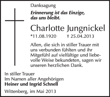 Traueranzeige von Charlotte Jungnickel von WVG - Wochenspiegel Wittenberg